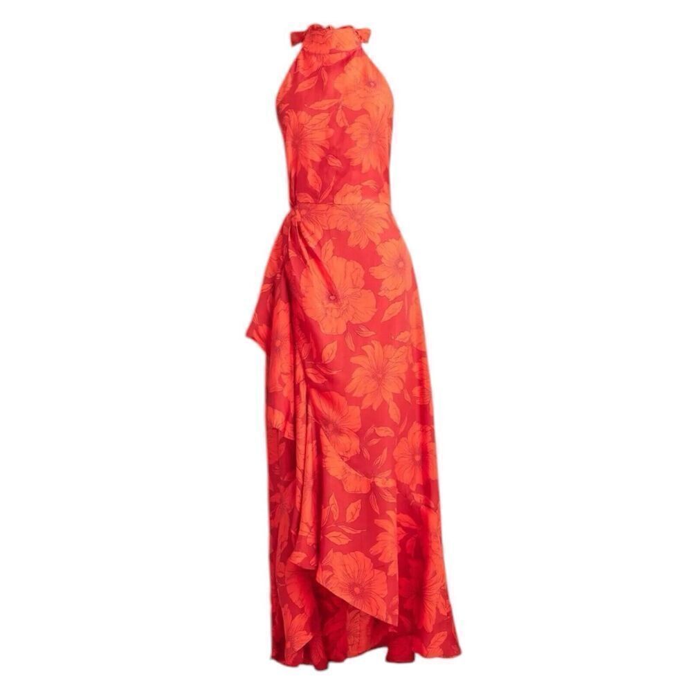 J Crew Collection Dress WMNS 8‎ Red Floral Cupro Blend Halter Ruffle Open Back